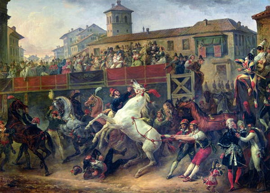 Detail of Scene of an unmounted horse race in Rome by Antoine Charles Horace Vernet