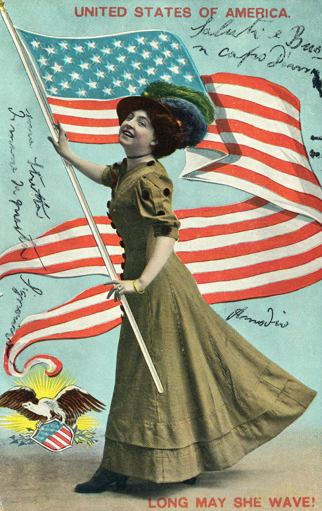Detail of Postcard of Woman Waving American Flag by Anonymous