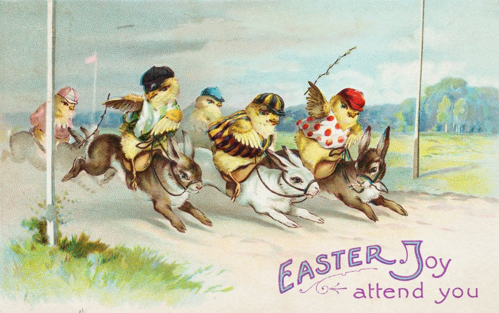Detail of Easter Greeting Card of Chicks Riding Rabbits by Anonymous