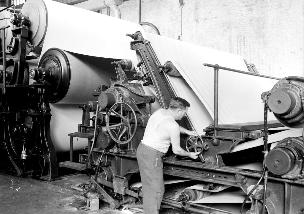Detail of Mt. Holyoke, Massachusetts - Paper. American Writing Paper Co. Cylinder machine (making matchboard), 1936 by Lewis Hine