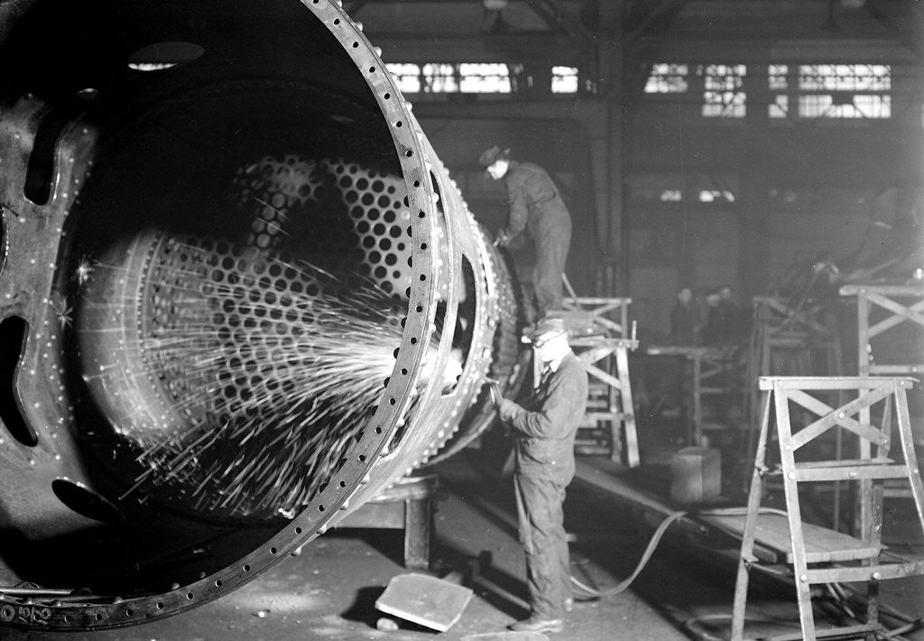 Detail of Eddystone, Pennsylvania - Railroad parts. Man at work, 1936 by Lewis Hine