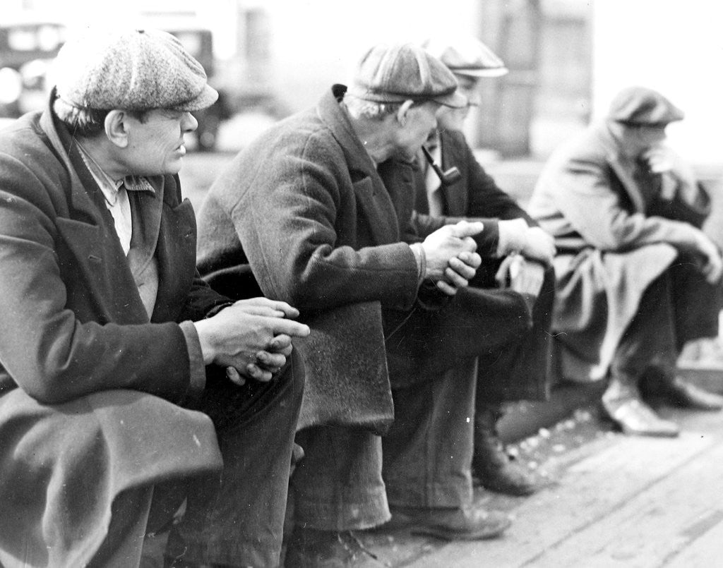 Detail of Row of men at the New York City docks out of work during the depression, 1934 by Lewis Hine