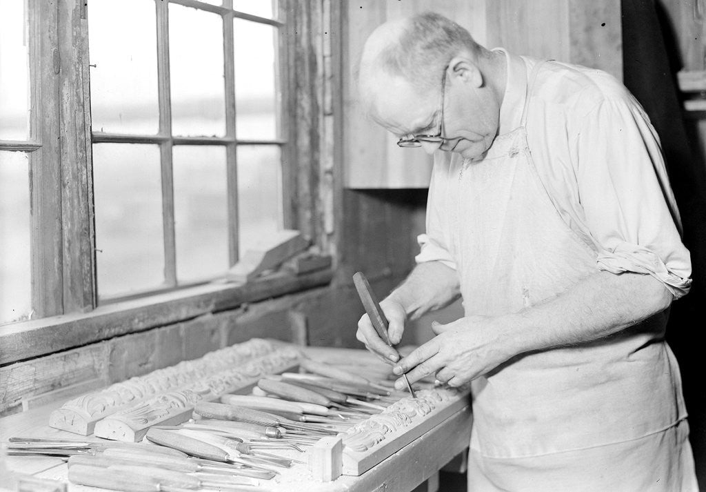 Detail of High Point, North Carolina - Upholstering. Tomlinson Chair Manufacturing Co. Hand carver by Lewis Hine