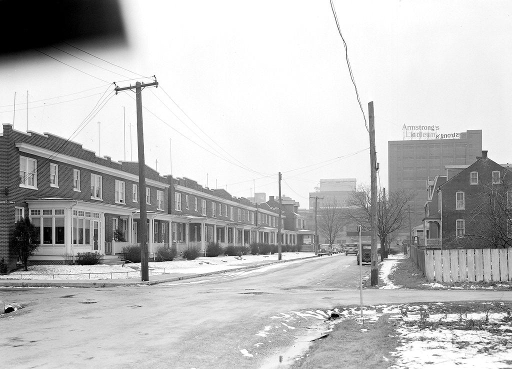 Detail of Lancaster, Pennsylvania - Housing. Homes of linoleum workers near plant (plant in distance) - rental $22.00 - $25.00, 1936 by Lewis Hine