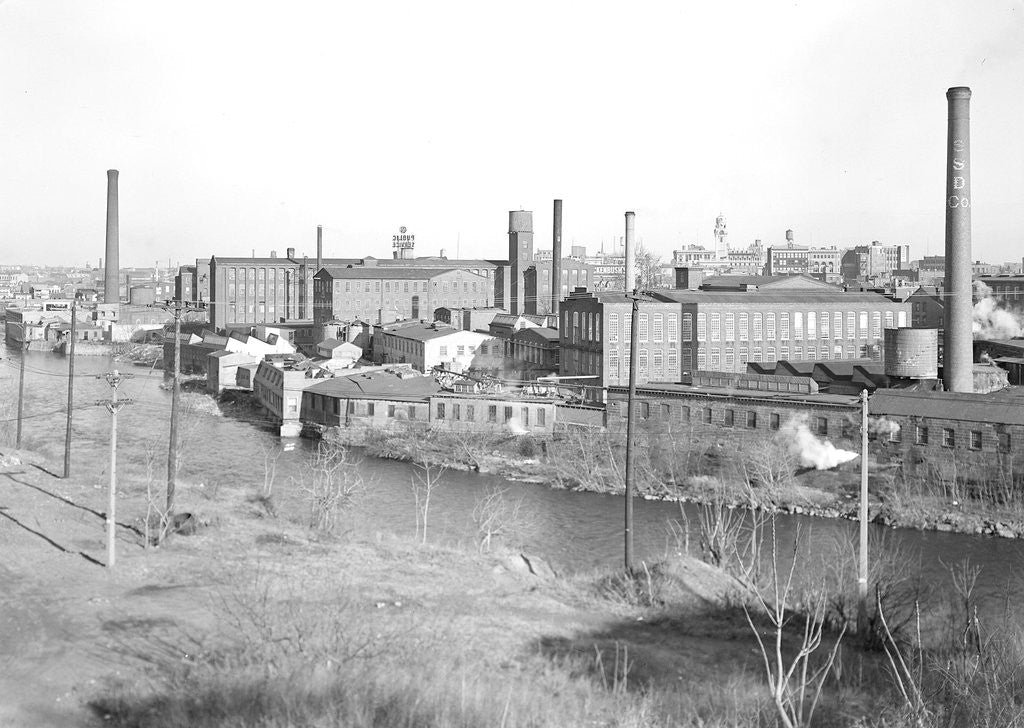 Detail of Paterson, New Jersey - Textiles. Madison Silk Co. Passaic River and old silk mill section, March 1937 by Lewis Hine