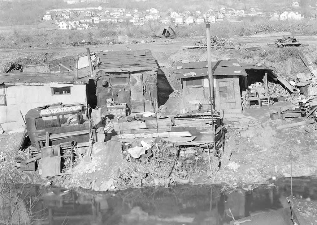 Detail of Paterson, New Jersey - Textiles. Bachelor shacks in outskirts of Paterson, on Molly Jan Brook by Lewis Hine