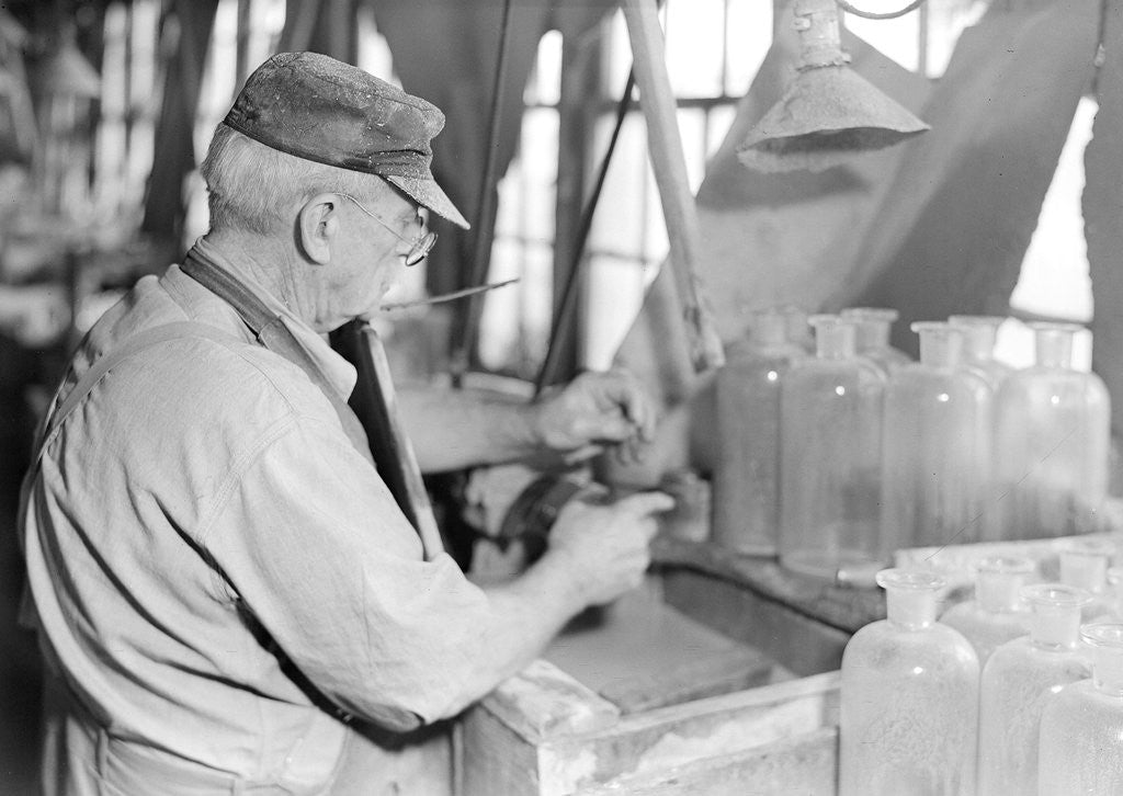 Detail of Millville, New Jersey - Glass bottles. Stopper-grinder at T. C. Wheaton Co, March 1937 by Lewis Hine