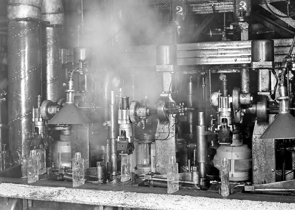 Detail of Millville, New Jersey - Glass bottles. Machiney and bottles, 1936 by Lewis Hine