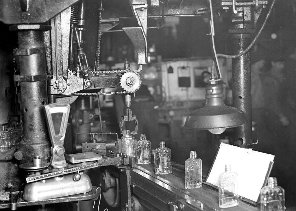 Detail of Millville, New Jersey - Glass bottles. Bottles moving along a conveyor belt, 1936 by Lewis Hine