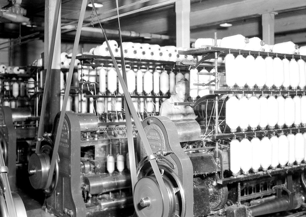 Detail of Millville, New Jersey - Textiles. Millville Manufacturing Co. Man in between machines, 1936 by Lewis Hine