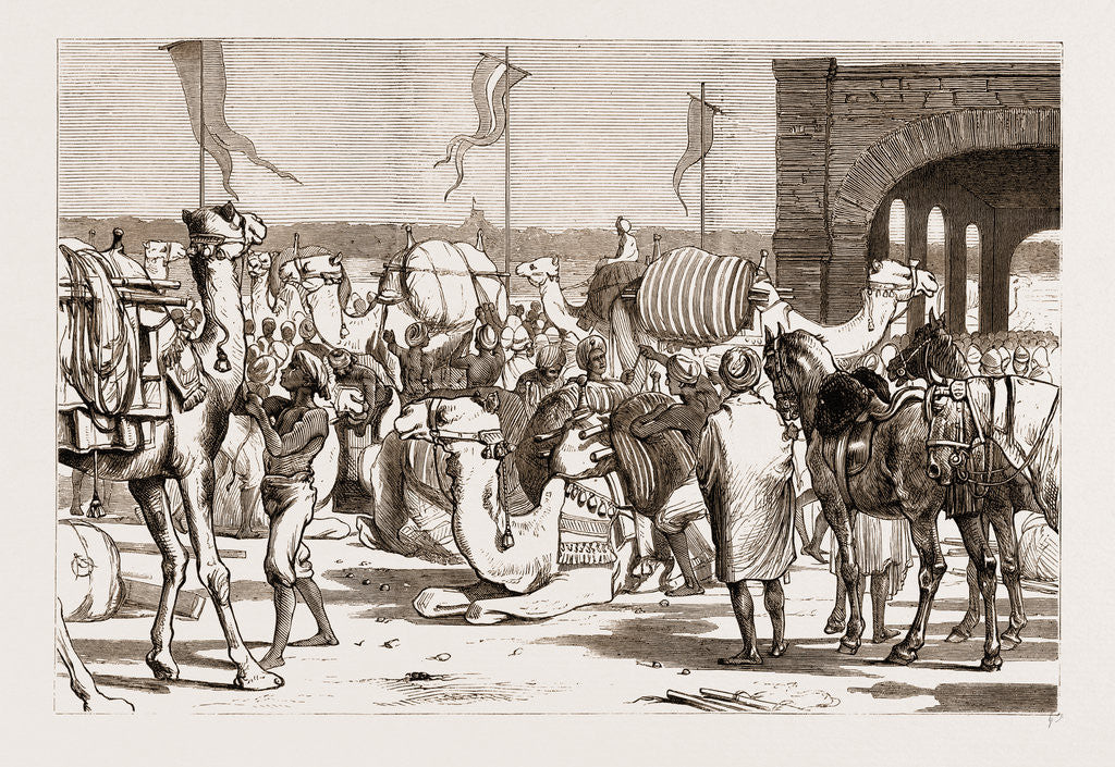 Detail of The Prince Of Wales At Trichinopoly, 1876: The Railway Station Before The Prince's Arrival: Loading Camels With Troops' Baggage by Anonymous