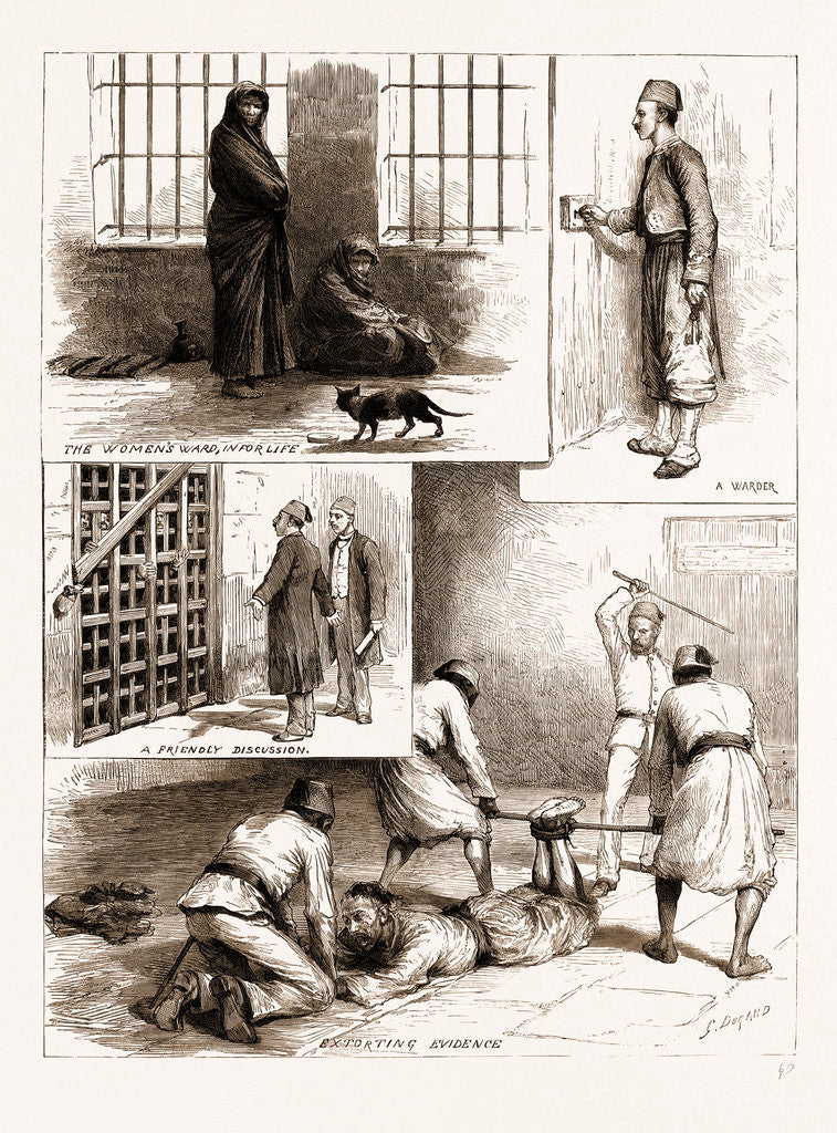 Detail of Scenes From The Egyptian Prisons, Cairo, 1883; The Women's Ward, In For Life; A Warder, A Friendly Discussion, Extorting Evidence by Anonymous