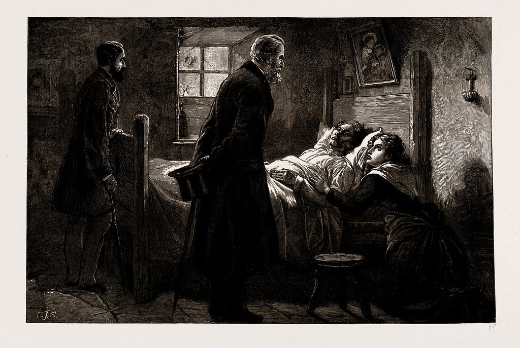 Detail of A Reminiscence Of The Late Mr. Forster's Irish Chief Secretaryship: Visiting A Victim Of Captain Moonlight At Tulla, County Clare, 1882 by Anonymous