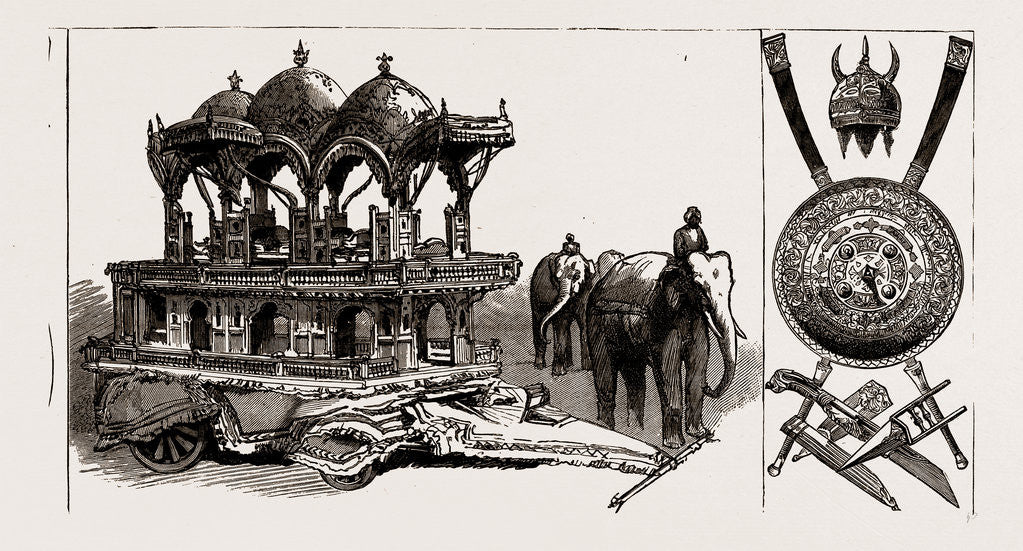 Detail of The Indian Section Of The Colonial And Indian Exhibition: Model Of State Elephant Carriage Belonging To The Maharajah Of Ulwar, Trophy Of Indian Arms, 1886 by Anonymous