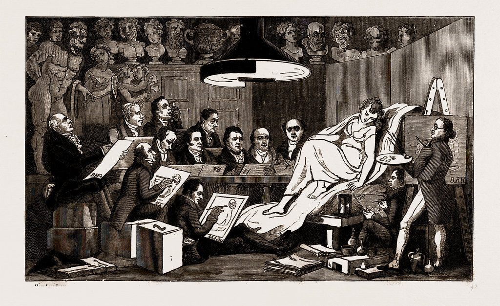 Detail of R.A.'s Of Genius, Life School At The Royal Academy, 1824, UK, 1886; Rowlandson, Sir Benjamin West, Sir Thomas Lawrence, Sir M.a. Shee by Anonymous