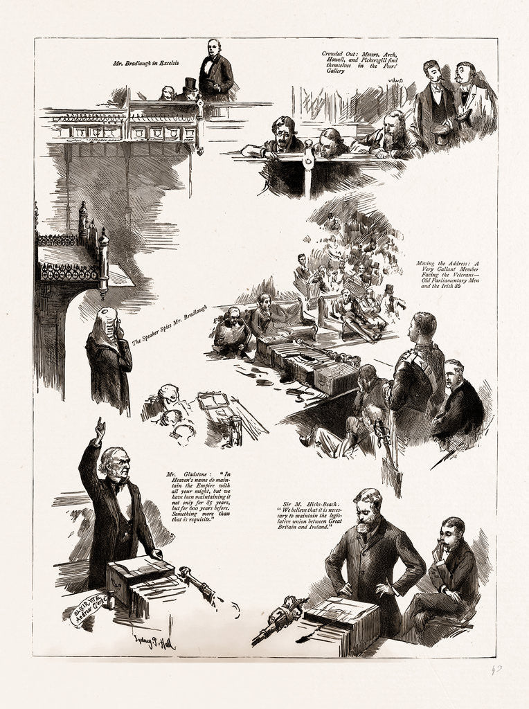 Detail of The Opening Of The New Parliament, Notes In The House Of Commons, London, UK, 1886; Mr. Gladstone, Sir M. Hicks.beach, Mr. Bradlaugh by Anonymous