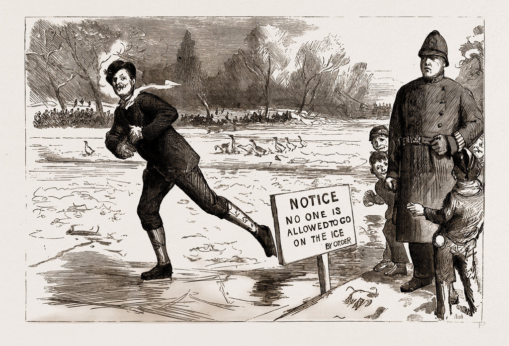 Detail of The Recent Frost And Snow Storm In London: Danger! A Scene In St. James's Park, UK, 1886 by Anonymous