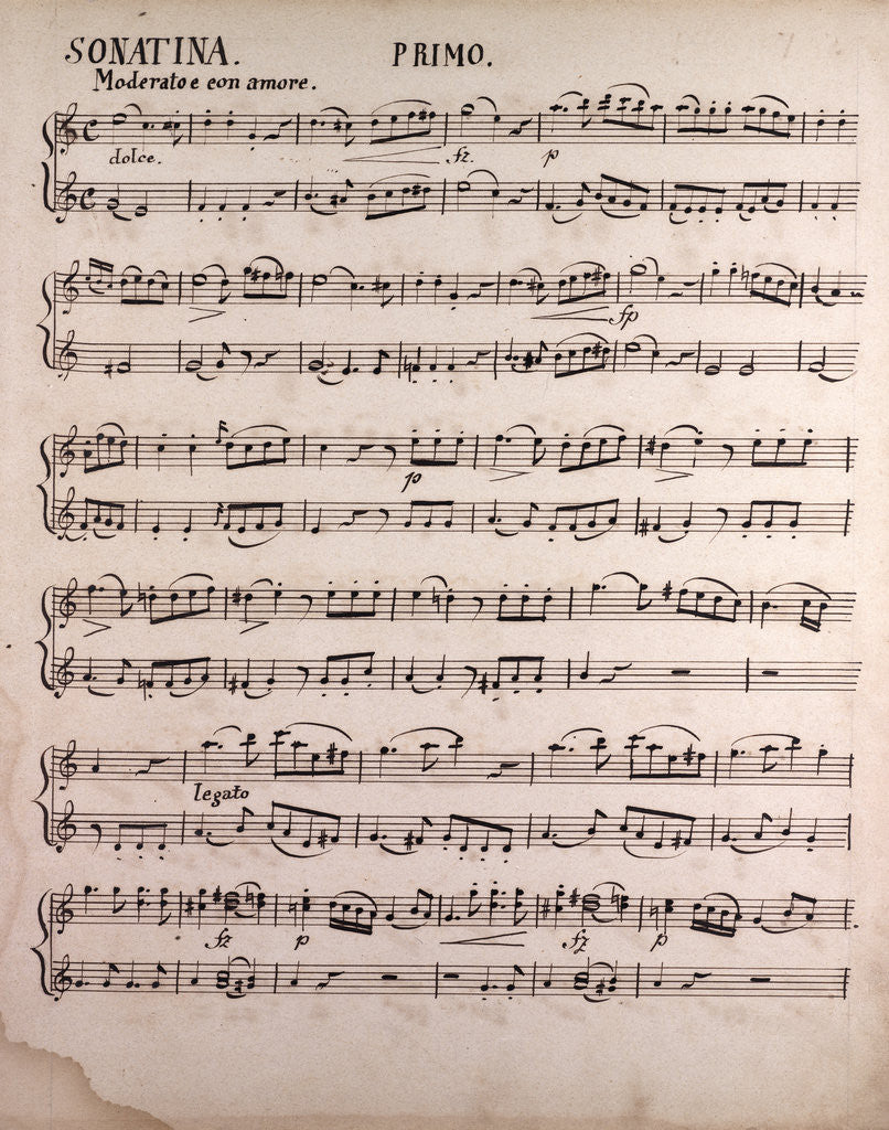 Detail of Handwritten sheet music, sonatina primo, moderato e con amore, dolce by Anonymous
