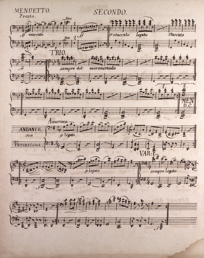 Detail of Handwritten sheet music, menuetto presto, amoroso, andante by Anonymous