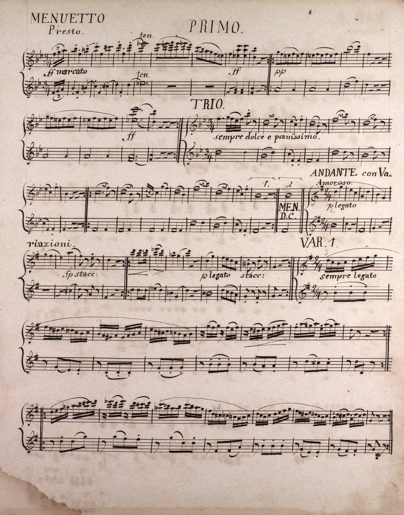 Detail of Handwritten sheet music, menuetto presto by Anonymous