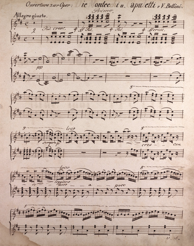 Detail of Ouverture of the Opera Die Montecchi and apuletti from Bellini, handwritten sheet music by Anonymous