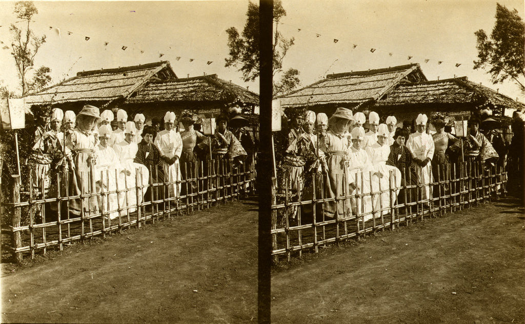 Detail of Group portrait of Japanese medical personnel and others dressed in Western and traditional style clothing seated near a building over which hang small flags by Anonymous
