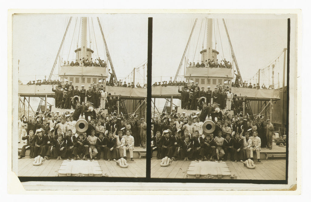 Detail of Sailors, probably American, and some civilians posed on a cruiser berthed in New York(?) by Anonymous