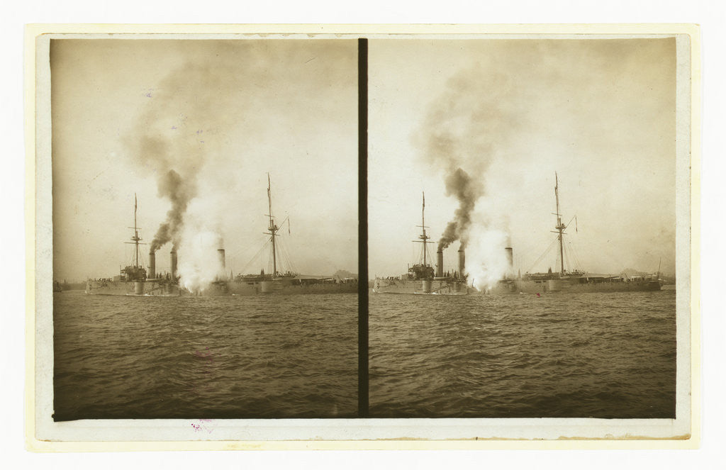 Detail of An American cruiser firing its guns in salute as it arrives in New York, probably at the time of the Portsmouth Peace Conference by Anonymous