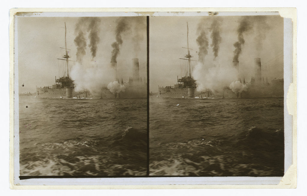 Detail of An American cruiser firing its guns in salute as it arrives in New York, probably at the time of the Portsmouth Peace Conference by Anonymous