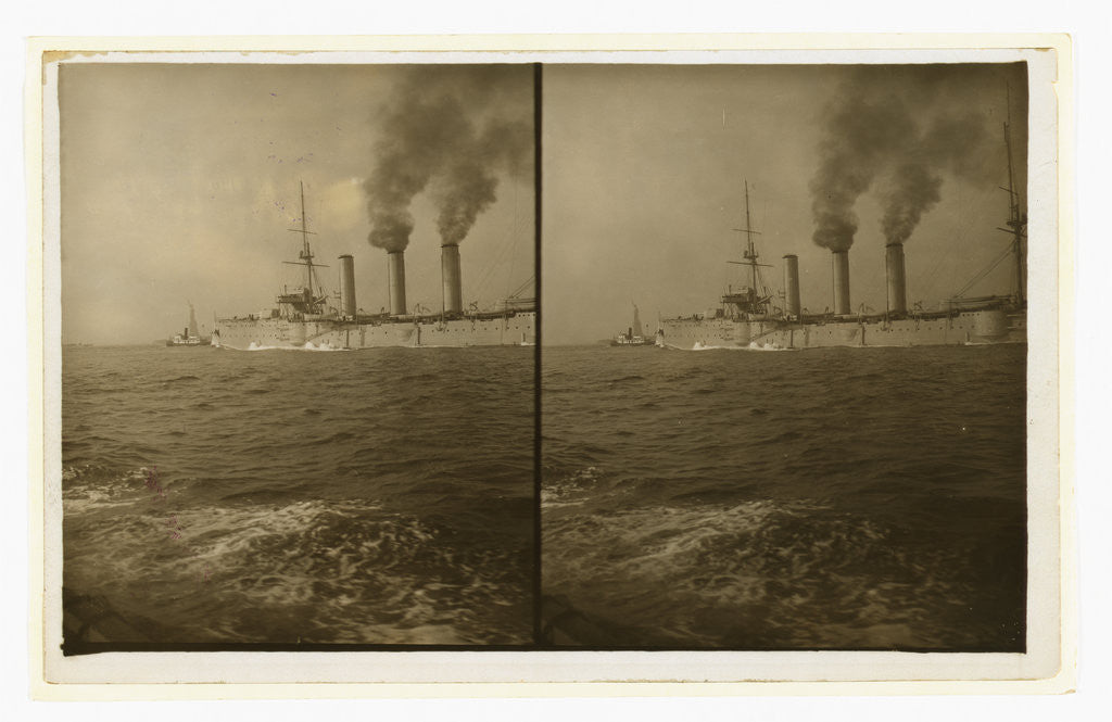 Detail of An American cruiser being guided by a tugboat past the Statue of Liberty, as it arrives in New York by Anonymous