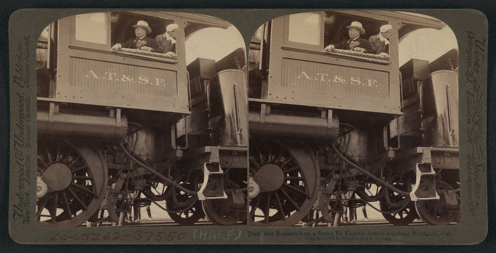 Detail of President Roosevelt on a Santa Fe engine, before reaching Redlands, Cal by Anonymous