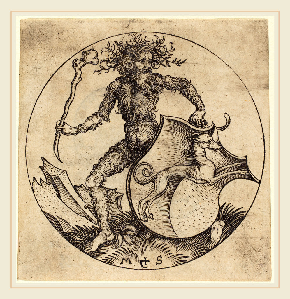 Detail of Wild Man Holding a Shield with a Greyhound by Martin Schongauer