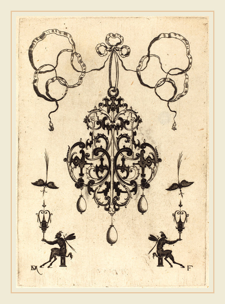 Detail of Large Pendant, Lower Left and Right Two Winged Devils Sitting on Pedestals, 1596 by Daniel Mignot