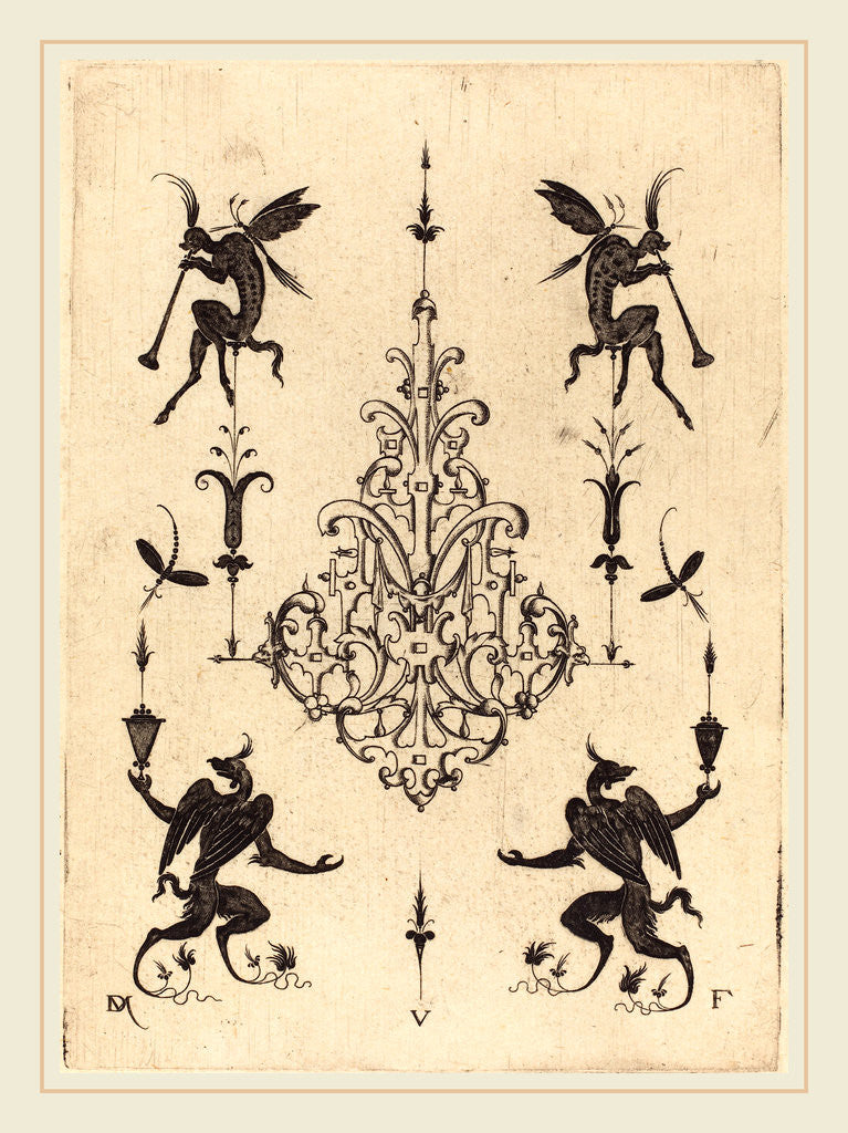 Detail of Brooch with Fantasy Creatures Blowing Horns at Top and Winged Griffins at Bottom, 1596 by Daniel Mignot