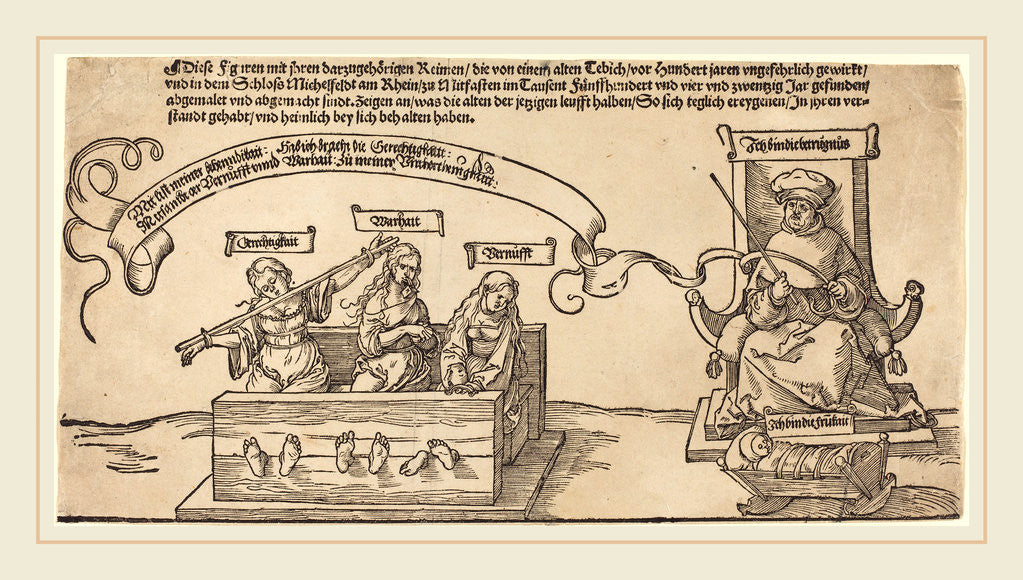 Detail of Justice, Truth and Reason in the Stocks with the Seated Judge and Sleeping Piety, probably 1526 by Albrecht Dürer
