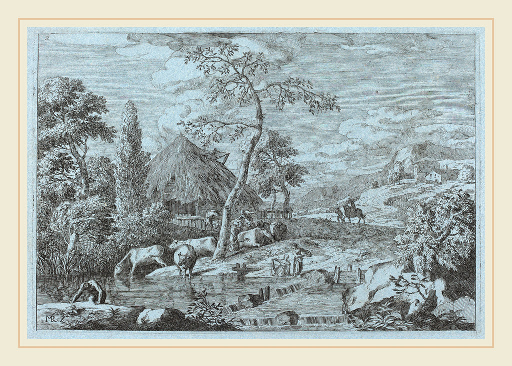 Detail of Cattle and Figures at a Farmyard Stream by Marco Ricci