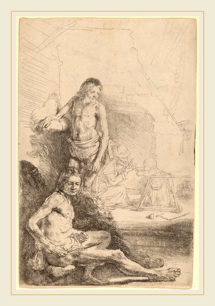 Detail of Nude Man Seated and Nude Man Standing, with a Woman and Baby in the Background, c. 1646 by Rembrandt van Rijn