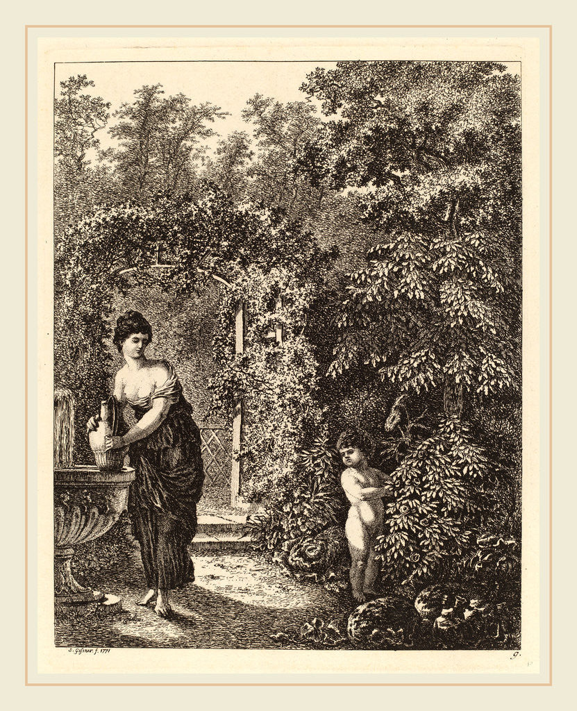 Putto Visiting a Girl at a Fountain by Salomon Gessner