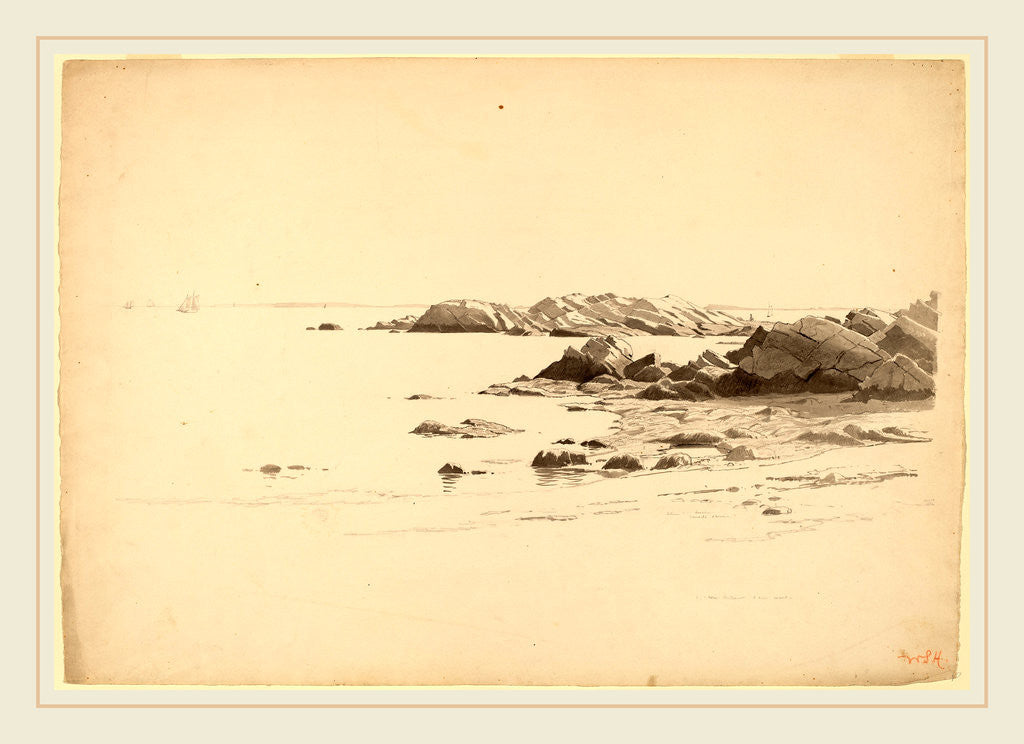 Detail of Rocklined Beach with Distant Boats by William Stanley Haseltine
