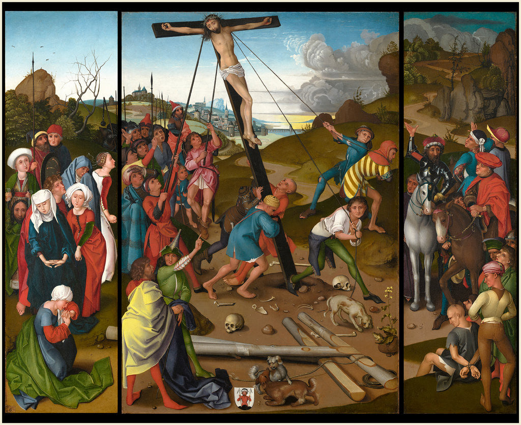 Detail of German, The Raising of the Cross center, left, and right panels by Master of the Starck Triptych