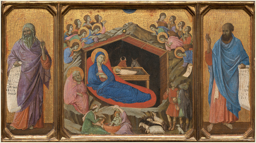 Detail of Italian, The Nativity with the Prophets Isaiah and Ezekiel, tempera on single panel by Duccio di Buoninsegna