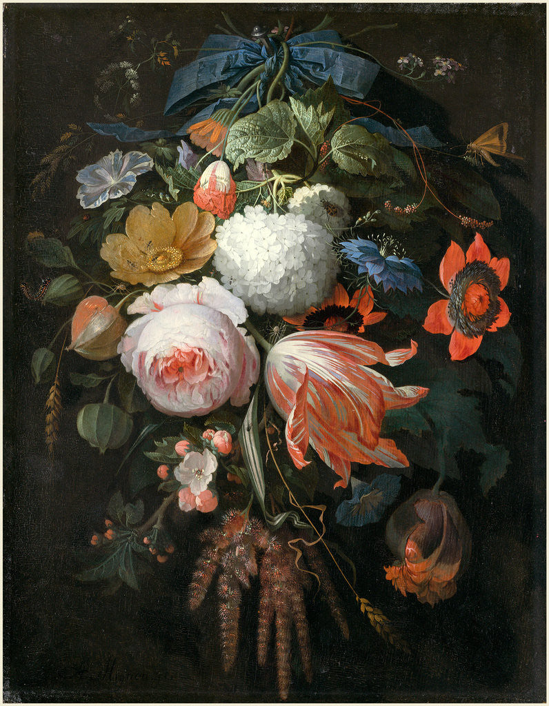 Detail of German, A Hanging Bouquet of Flowers, probably 1665-1670 by Abraham Mignon