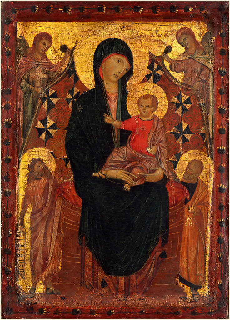 Detail of Italian, Madonna and Child with Saint John the Baptist and Saint Peter, probably c. 1290 by Cimabue
