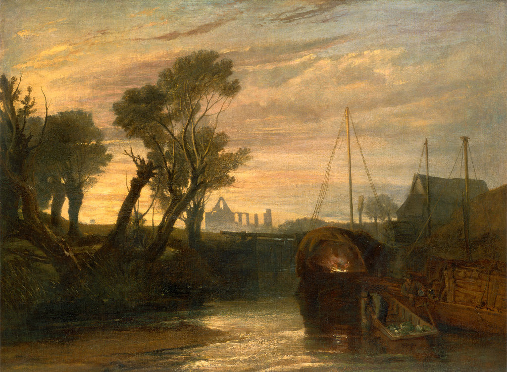 Detail of Newark Abbey Thames Lighter at Teddington Canal Scene with Barges The Lock--Glowing effect of Sunlight by Joseph Mallord William Turner