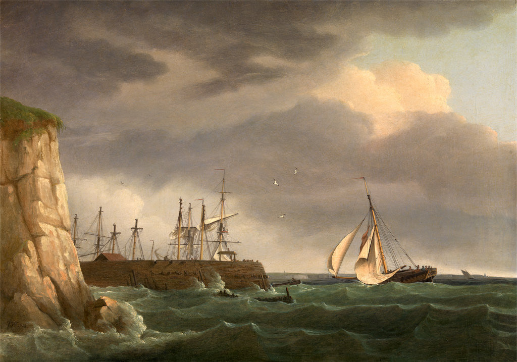 Detail of A Ship Running into Harbour with Other Craft at a Jetty by Thomas Whitcombe