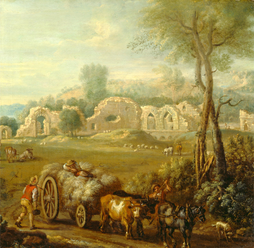 Detail of Haycart Passing a Ruined Abbey by John Wootton