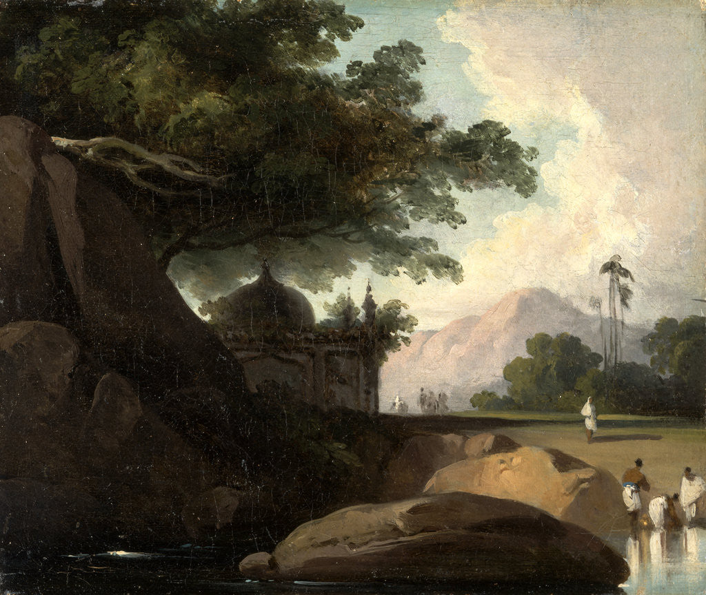 Detail of Indian Landscape with Temple Figures Washing Clothes by an Indian Temple, India by George Chinnery