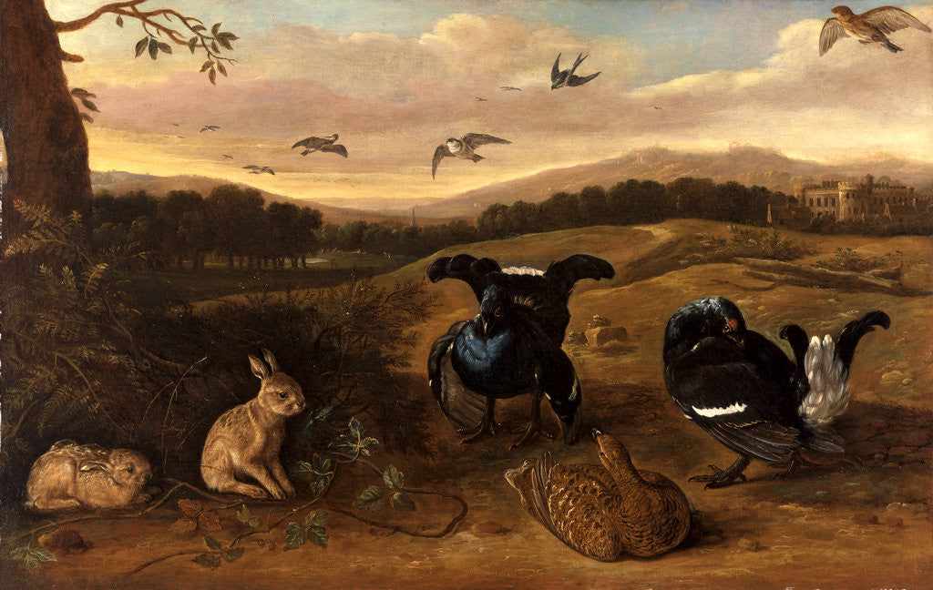 Detail of Black Game, Rabbits, and Swallows in a Park Black Game, Rabbits and Swallows in the Park of a Country House by Leonard Knyff