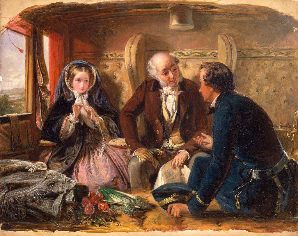 Detail of First Class - The Meeting. 'And at first meeting loved.' Railway journey, travel by train, by Abraham Solomon