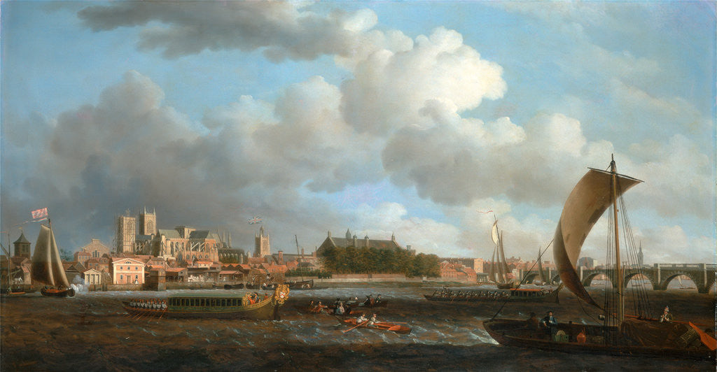 Detail of London, Westminster from Lambeth, with the Ceremonial Barge of the Ironmongers' Company by Samuel Scott